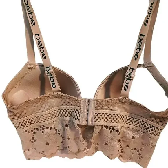 bebe Bustier 38C Lace Fringe Bra CHAMPAGNE DUSK Lace Trim Edge w Sporty Straps - Picture 2 of 13